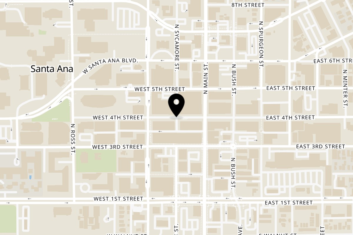 Map showing the location of Tacos El Gringo on 401 N Sycamore St in Santa Ana
